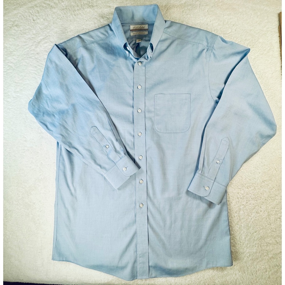Roundtree & Yorke Gold Label Shirt Mens 15.5 34 Blue Non-Iron Pinpoint Oxford - Picture 2 of 13